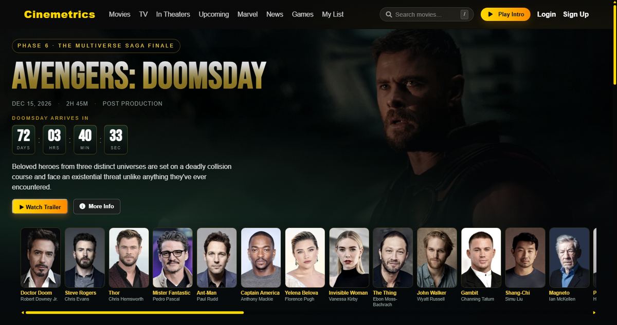 Cinemetrics Marvel page with a live countdown to Avengers: Doomsday and a scrolling cast carousel