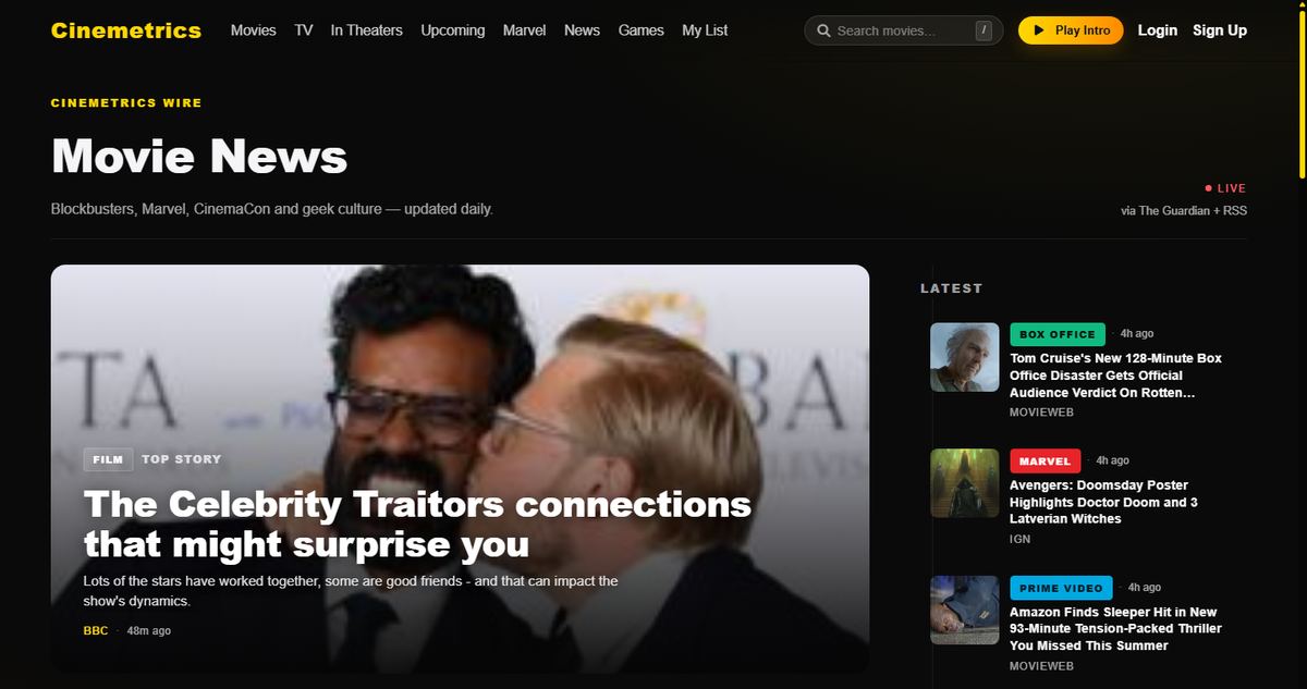 Cinemetrics News page aggregating live headlines from multiple outlets
